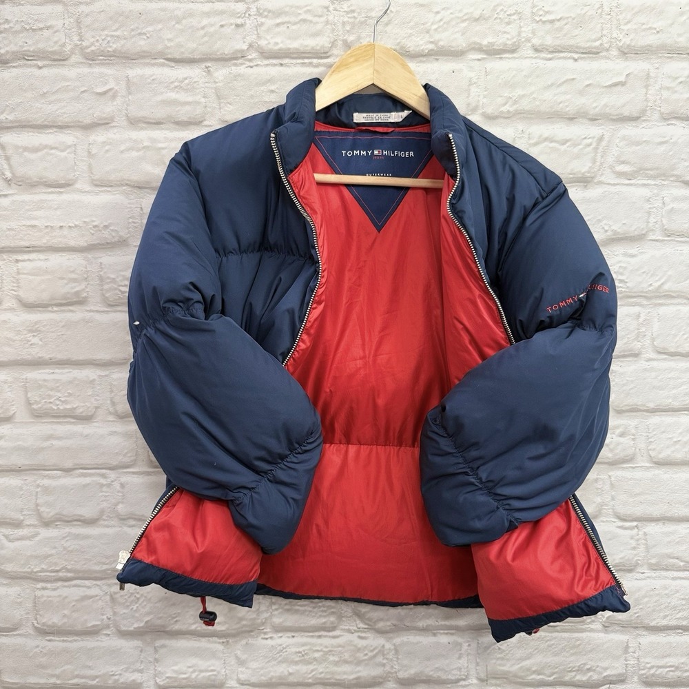 Vtg Y2K Tommy Hilfiger‎ Down Puffer Coat Navy Woman's Sz L Warm Winter Jacket